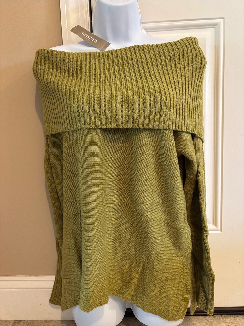Chico's Olive Green Off-Shoulder Ribbed Fold Sweater Size 1